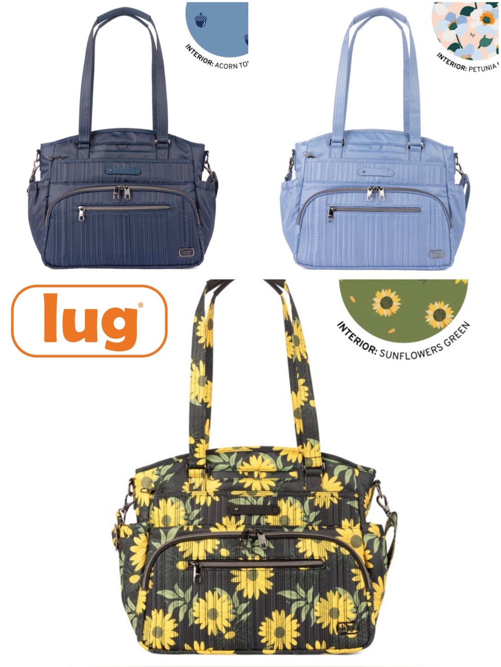 Lug Windjammer Large Convertible Tote NWT Bluebell, Indigo or Sunflowers Black